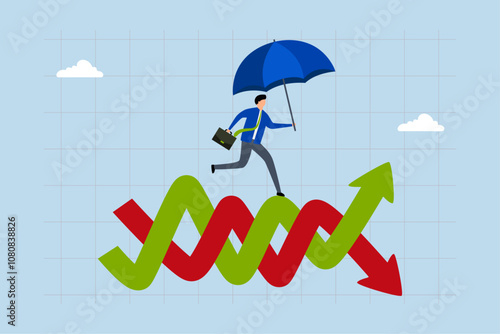 Survive and thrive in stock market volatility investment, entrepreneur with umbrella dashes across fluctuating chart. 
