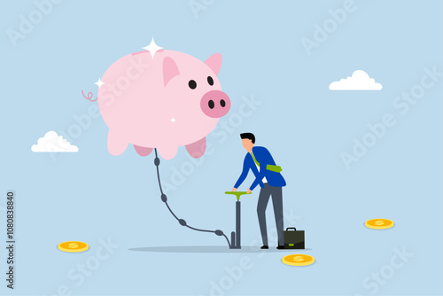 investment growth, businessman inflate piggy bank to be bigger.