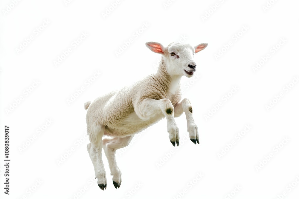 Fototapeta premium White lamb leaping in mid-air.