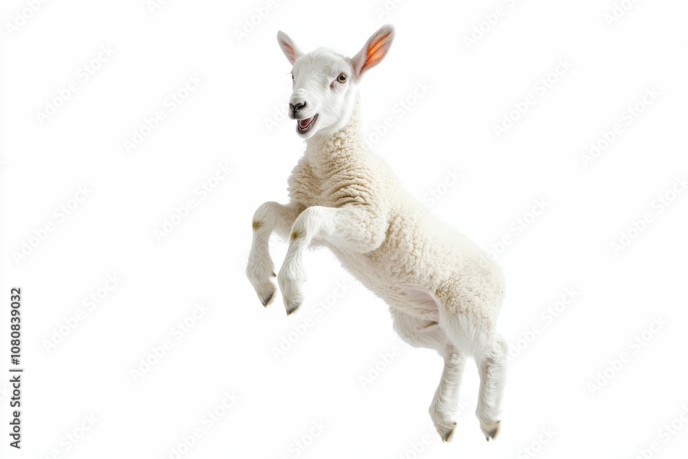 White lamb leaping in mid-air. White lamb leaping in mid-air.