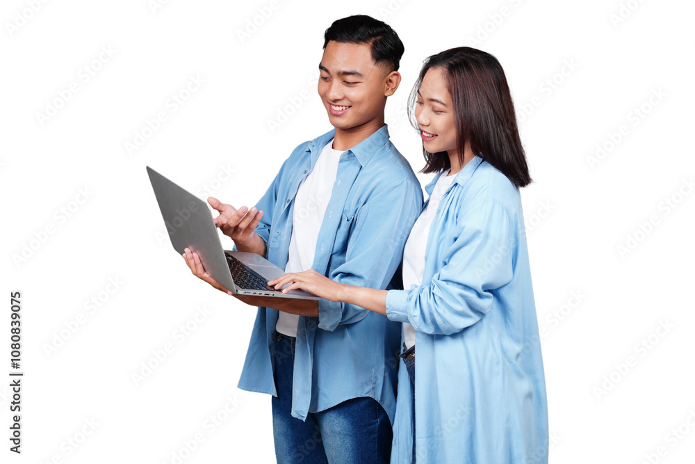 Asian man and woman with laptop isolated transparent Asian man and woman with laptop isolated transparent