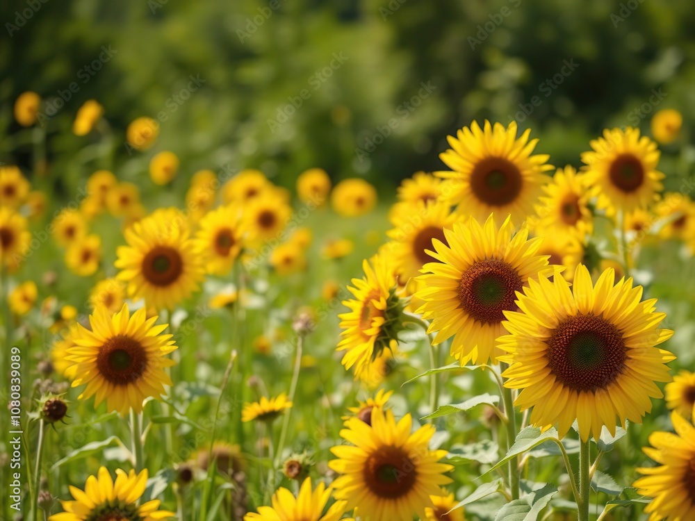 A beautiful meadow is filled with sunflowers that stretch towards the sky, their bright yellow petals shining like miniature suns, warm, summer A beautiful meadow is filled with sunflowers that stretch towards the sky, their bright yellow petals shining like miniature suns, warm, summer