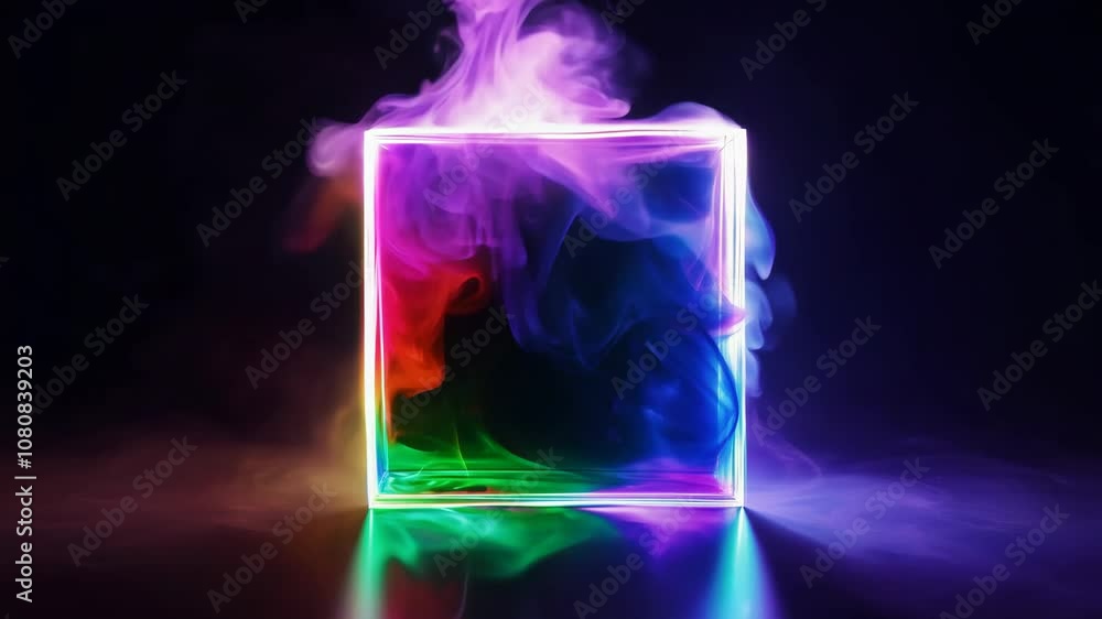 Abstract neon square with colorful smoke around it, set against a dark background, creating a surreal look. Abstract neon square with colorful smoke around it, set against a dark background, creating a surreal look.