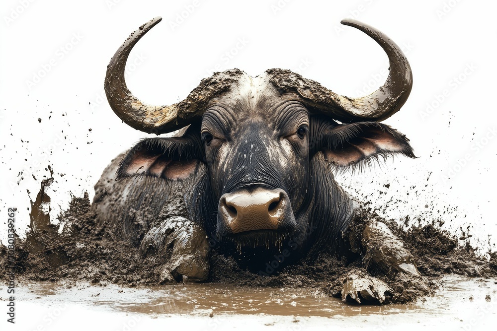 Muddy buffalo with large horns in a puddle. Muddy buffalo with large horns in a puddle.