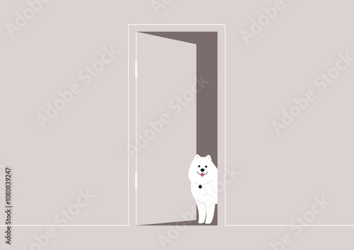 The fluffy Samoyed stands happily at the threshold of an open door, its charming expression brightening the minimalist room filled with soft colors and light