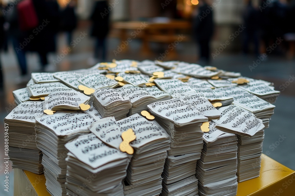 A table covered in sheets of sheet music, creating an artistic and musical vibe A table covered in sheets of sheet music, creating an artistic and musical vibe