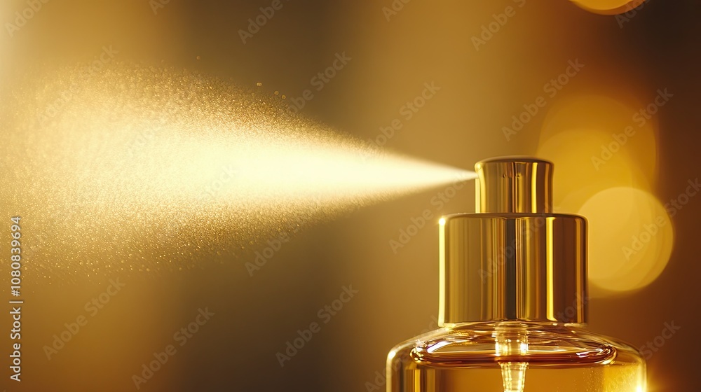Perfume bottle with a gold nozzle spraying a fine mist into the air, captured in soft, ambient light Perfume bottle with a gold nozzle spraying a fine mist into the air, captured in soft, ambient light