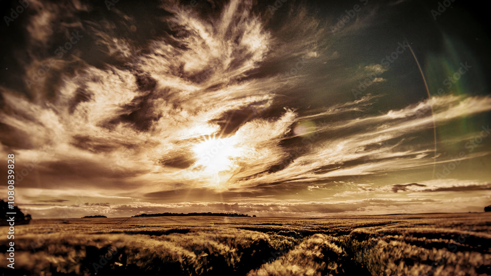 Obraz premium Grain in the field. Meadow at sunset dancing clouds