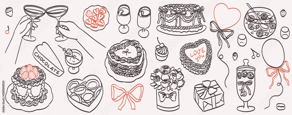 Collection of whimsical wedding, birthday party or valentines day line art illustrations. Vintage ink elements for logos, invitations, cards, greetings. Cakes, desserts, cocktails and wine drawings. Collection of whimsical wedding, birthday party or valentines day line art illustrations. Vintage ink elements for logos, invitations, cards, greetings. Cakes, desserts, cocktails and wine drawings.