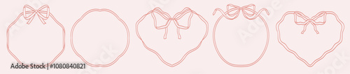 Round and heart frames with bow and ribbons. Hand Drawn coquette borders for wedding invitation. Whimsical frames for birthday card, menu design, party graphic decoration. Minimalist girly line art.