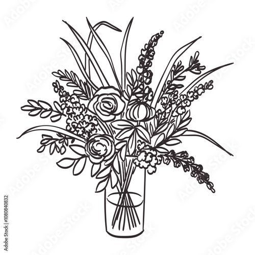 Hand drawn line ink or sketch style vases. Wild garden flower bouquet for wedding invitations or wall art drawing. Clip art flower arrangement in glass vase. Minimalist chalk or charcoal illustration.