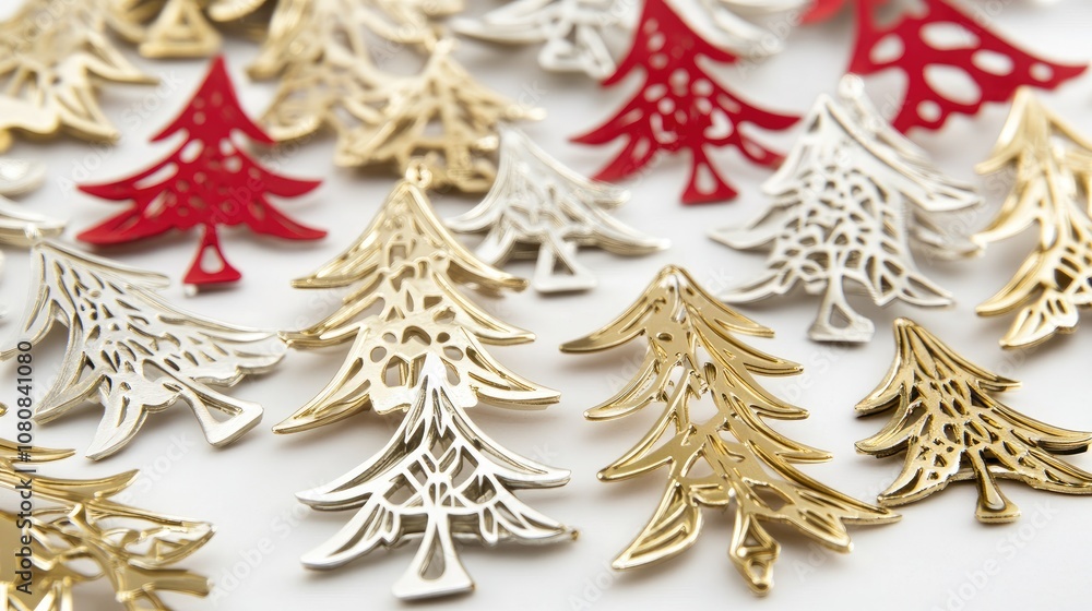 Gold, Silver, and Red Christmas Tree Ornaments on a White Background Gold, Silver, and Red Christmas Tree Ornaments on a White Background