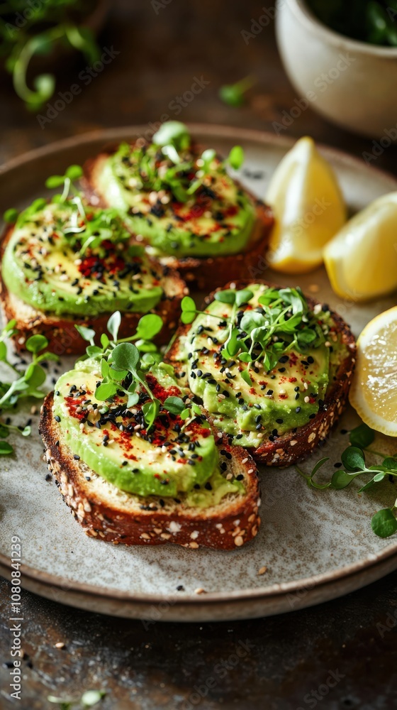 Deliciously wholesome avocado toast with spicy seasoning and fresh microgreens for a healthy snack Deliciously wholesome avocado toast with spicy seasoning and fresh microgreens for a healthy snack