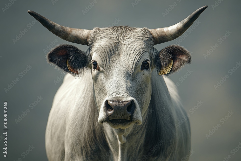 White cow with horns stares at camera. White cow with horns stares at camera.