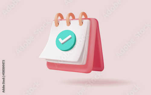 3d vector illustration of calendar icon with correct green mark. Calendar assignment. Time for meeting reminder. Business planning, Appointment, Holiday, Event, Agenda, Date, Note. Planning concept