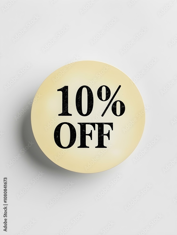 Black '10% OFF' Text on a Light Yellow Round Paper Note. White Background Black '10% OFF' Text on a Light Yellow Round Paper Note. White Background