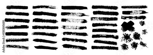 Grunge Texture Brush Strokes for Design, Realistic Black Paint Brush Strokes Pack 