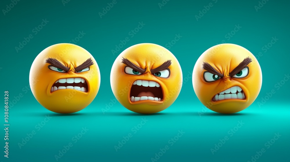 A collection of three expressive yellow emoji faces depicting various levels of anger and frustration against a turquoise background. A collection of three expressive yellow emoji faces depicting various levels of anger and frustration against a turquoise background.