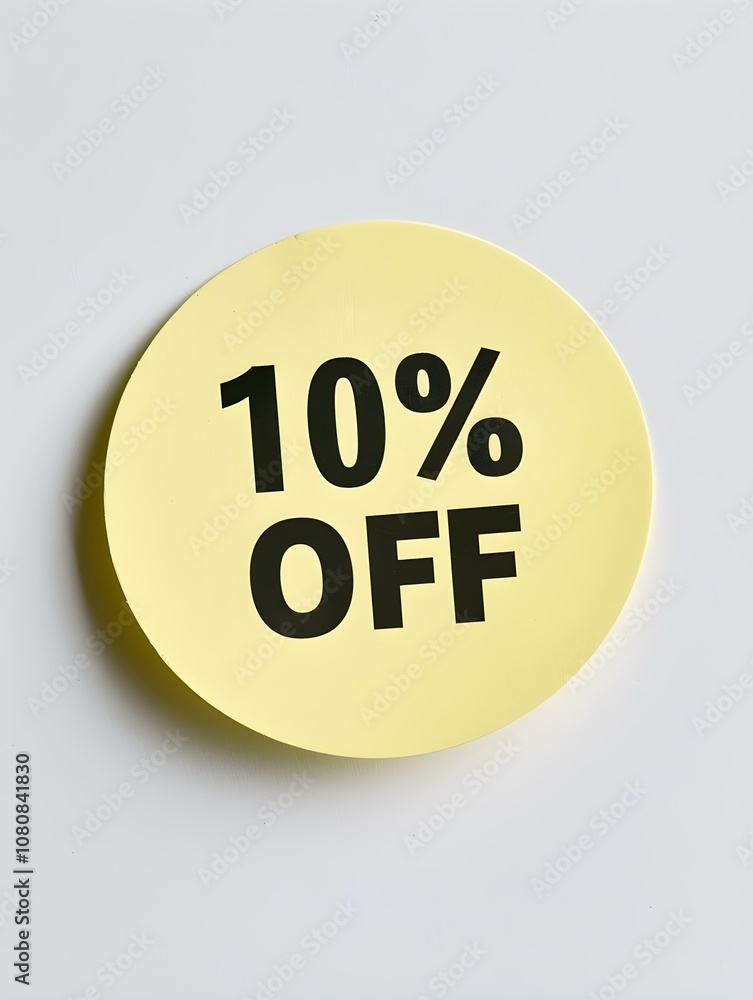 Black '10% OFF' Text on a Light Yellow Round Paper Note. White Background Black '10% OFF' Text on a Light Yellow Round Paper Note. White Background
