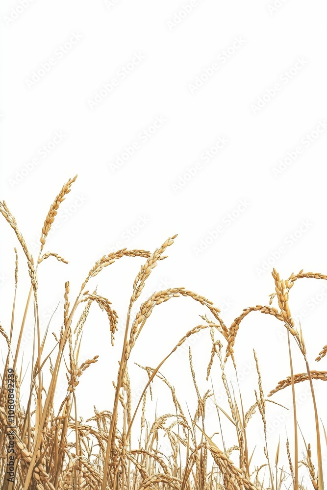 Fototapeta premium Golden rice stalks against white background.