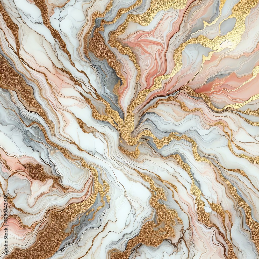 Obraz premium Abstract marble texture with intricate patterns in soft pink, gold, and gray tones, showcasing natural beauty and elegance in design