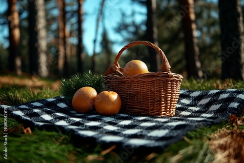 Classic family picnic with a checkered blanket, wicker basket, and old-fashioned outfits, sunny afternoon photo