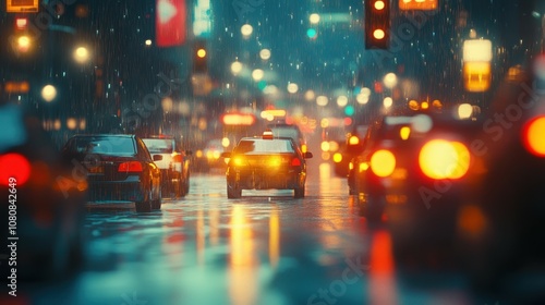 Early Morning Street Scene Featuring Commuters and Car Lights in a Rainy Urban Setting with Soft Focus and Dreamlike Atmosphere