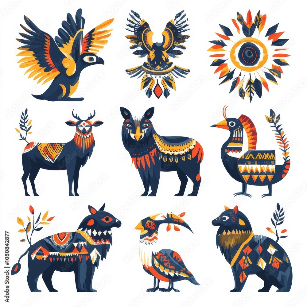 Colorful tribal animal illustrations with geometric patterns. Colorful tribal animal illustrations with geometric patterns.