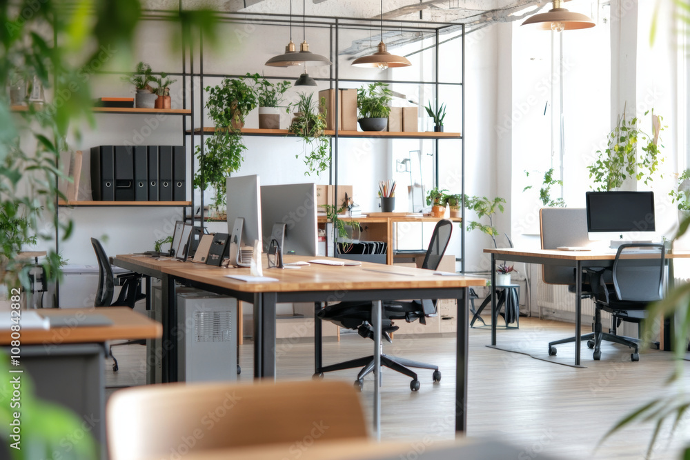 A modern office space featuring wooden desks, computer workstations, and abundant greenery. bright environment promotes productivity and creativity, ideal for collaborative workspace A modern office space featuring wooden desks, computer workstations, and abundant greenery. bright environment promotes productivity and creativity, ideal for collaborative workspace