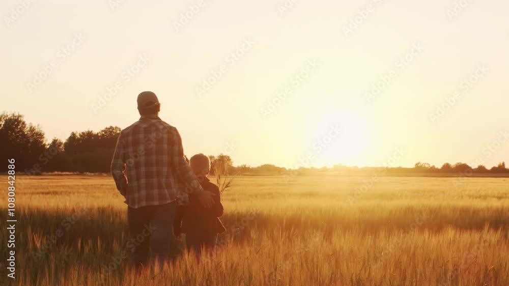 Farmer and his son in front of a sunset agricultural landscape. Man and a boy in a countryside field. Fatherhood, country life, farming and country lifestyle concept. Farmer and his son in front of a sunset agricultural landscape. Man and a boy in a countryside field. Fatherhood, country life, farming and country lifestyle concept.