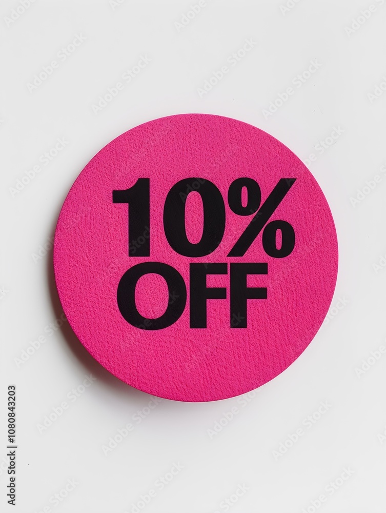 Black '10% OFF' Text on a Magenta Round Paper Note. White Background Black '10% OFF' Text on a Magenta Round Paper Note. White Background