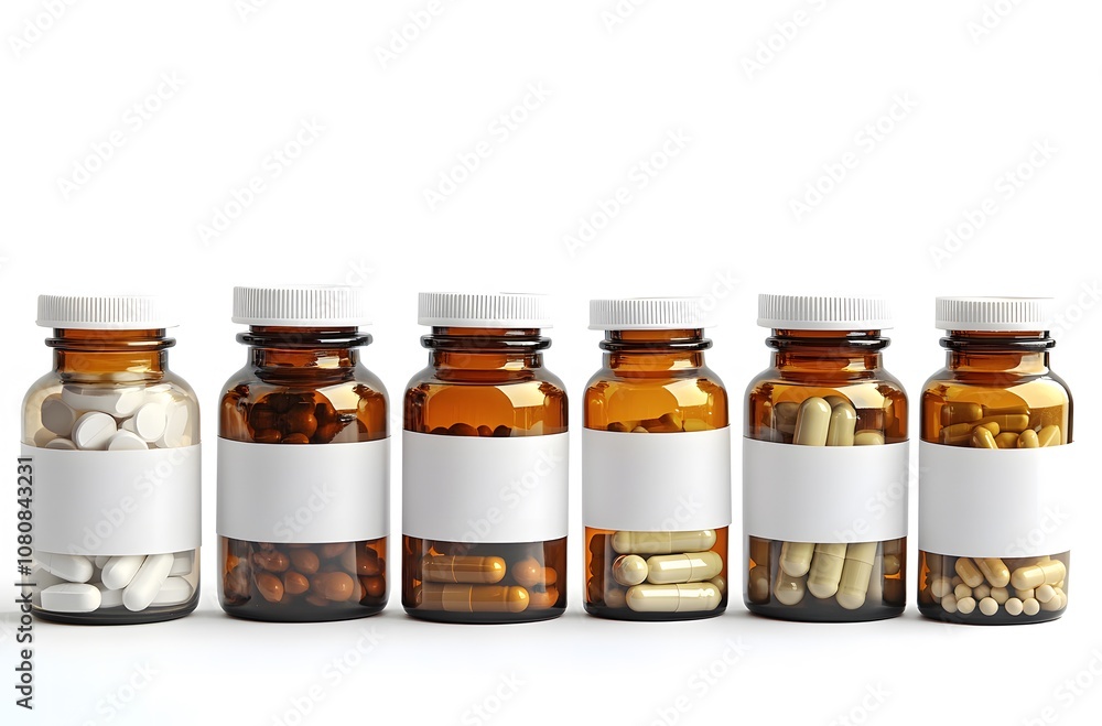 various medicine bottles with blank labels, isolated on a white background various medicine bottles with blank labels, isolated on a white background