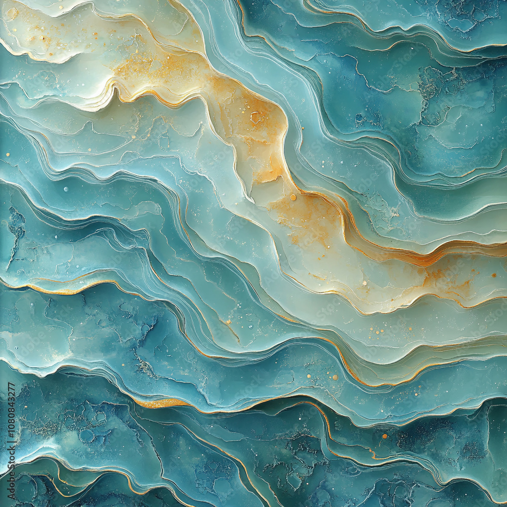 Obraz premium Abstract marine pattern with smooth wavy lines, pastel shades of blue, green and beige, soft color transitions, sand and water texture, calm and relaxing aesthetics
