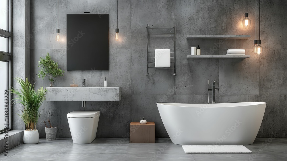 The bathroom and toilet are always clean and organized. A modern bathroom featuring a freestanding tub, sleek sink, minimal decor, and a stylish gray concrete wall with natural light. The bathroom and toilet are always clean and organized. A modern bathroom featuring a freestanding tub, sleek sink, minimal decor, and a stylish gray concrete wall with natural light.