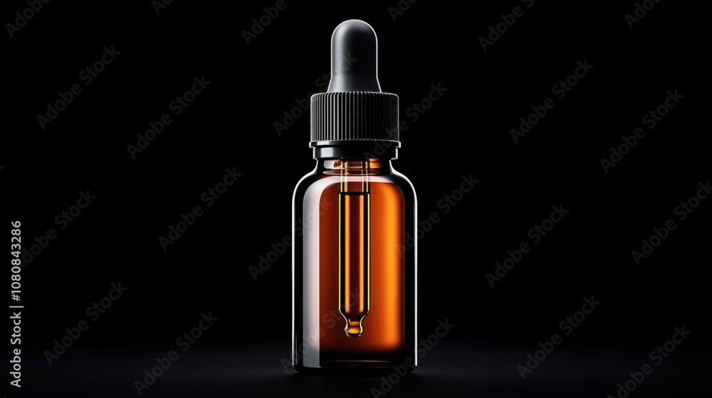 Close-up of a brown glass dropper bottle with a black rubber dropper cap in a minimalist design on a black background Close-up of a brown glass dropper bottle with a black rubber dropper cap in a minimalist design on a black background