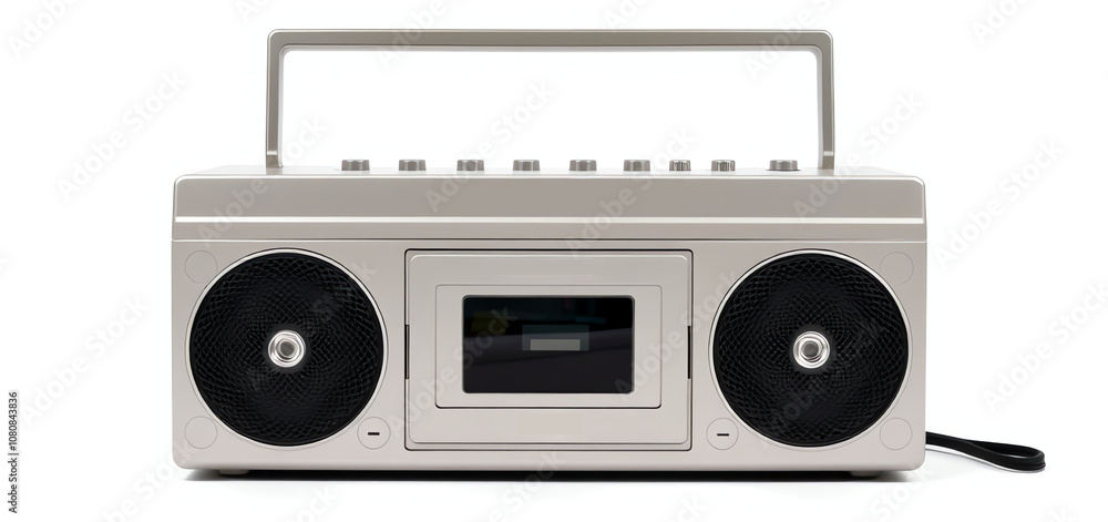 Obraz premium Classic portable cassette player with double speakers on a white background showcasing retro design and nostalgic appeal
