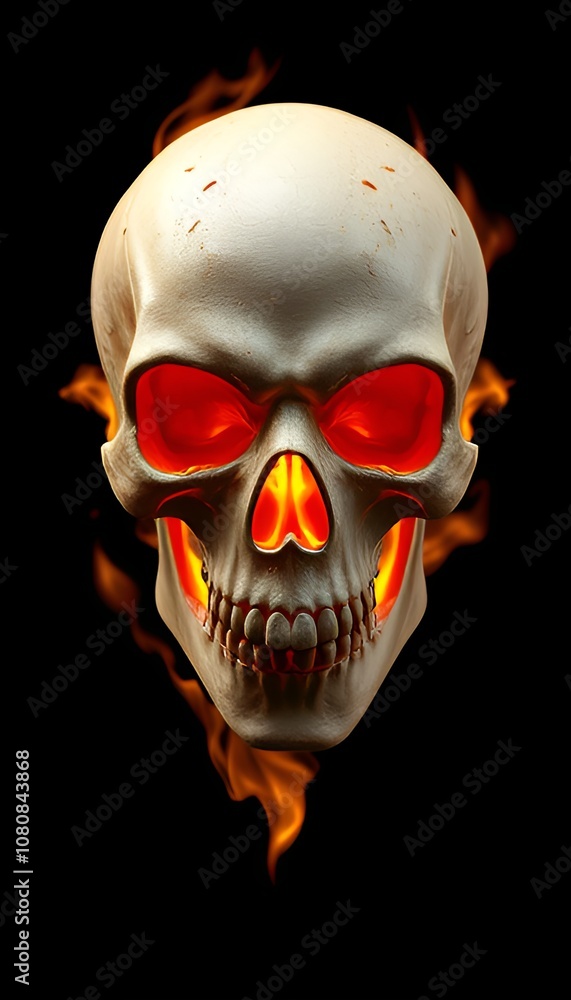 Fototapeta premium Abstract human skull with fire flames inside at black background stylish print design illustration