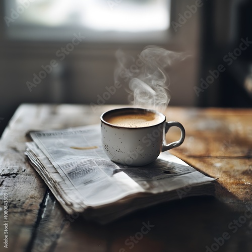 A steaming cup of coffee on a rustic table, accompanied by a folded newspaper, perfectly capturing the essence of a peaceful morning ritual