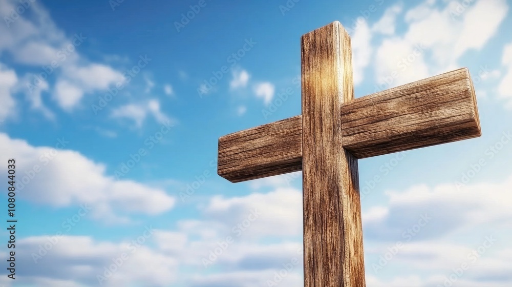 A wooden cross stands boldly against a backdrop of clouds and radiant sunlight, symbolizing faith and hope in a serene sky A wooden cross stands boldly against a backdrop of clouds and radiant sunlight, symbolizing faith and hope in a serene sky
