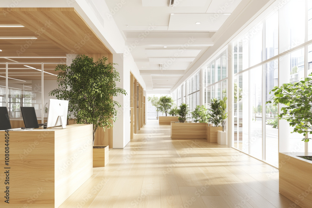 Modern office interior featuring bright corridor with wooden accents, large windows, and greenery, creating serene and productive atmosphere Modern office interior featuring bright corridor with wooden accents, large windows, and greenery, creating serene and productive atmosphere