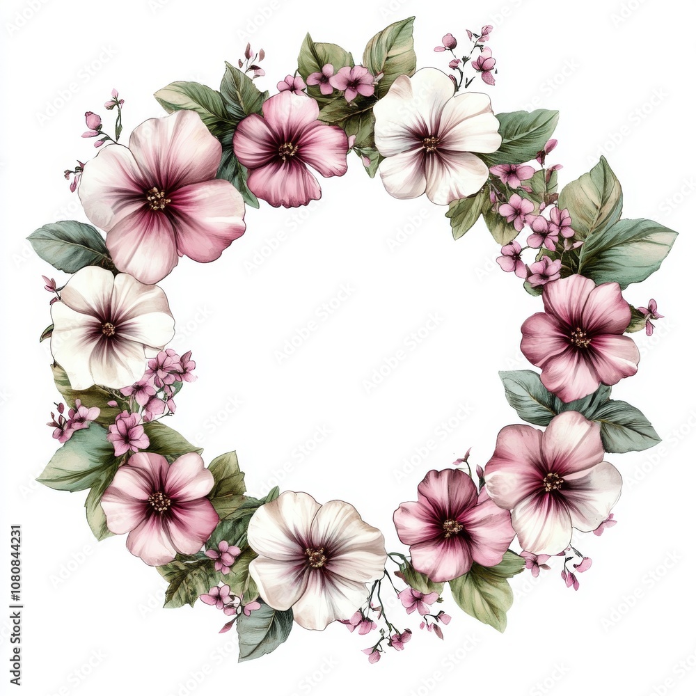 A delicate floral wreath with pink and white flowers. A delicate floral wreath with pink and white flowers.
