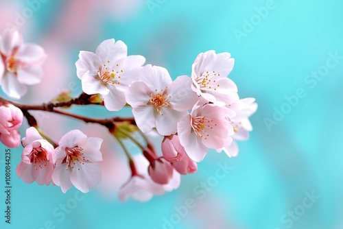 Delicate watercolor of a branch of cherry blossoms against a light background, soft pinks and greens