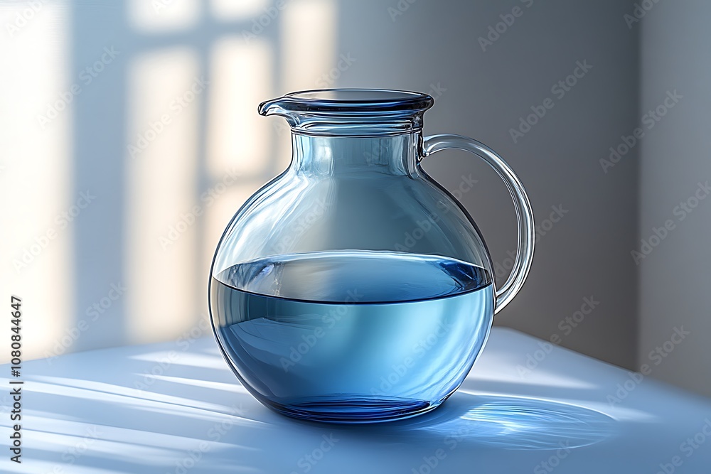 A glass pitcher of water on a table with window light A glass pitcher of water on a table with window light