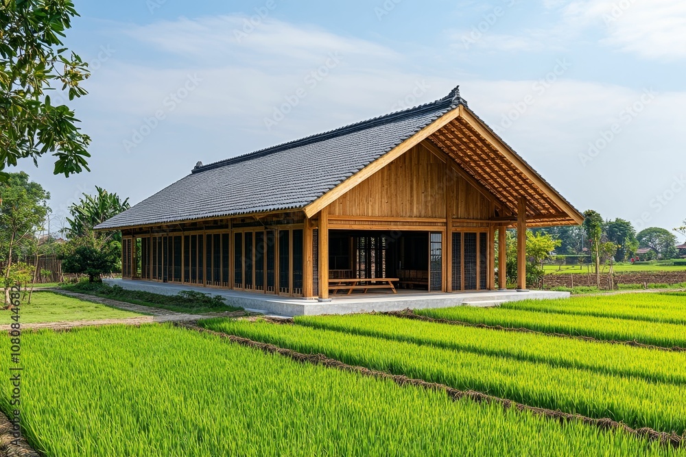A wooden house with a thatched roof sits in a A wooden house with a thatched roof sits in a