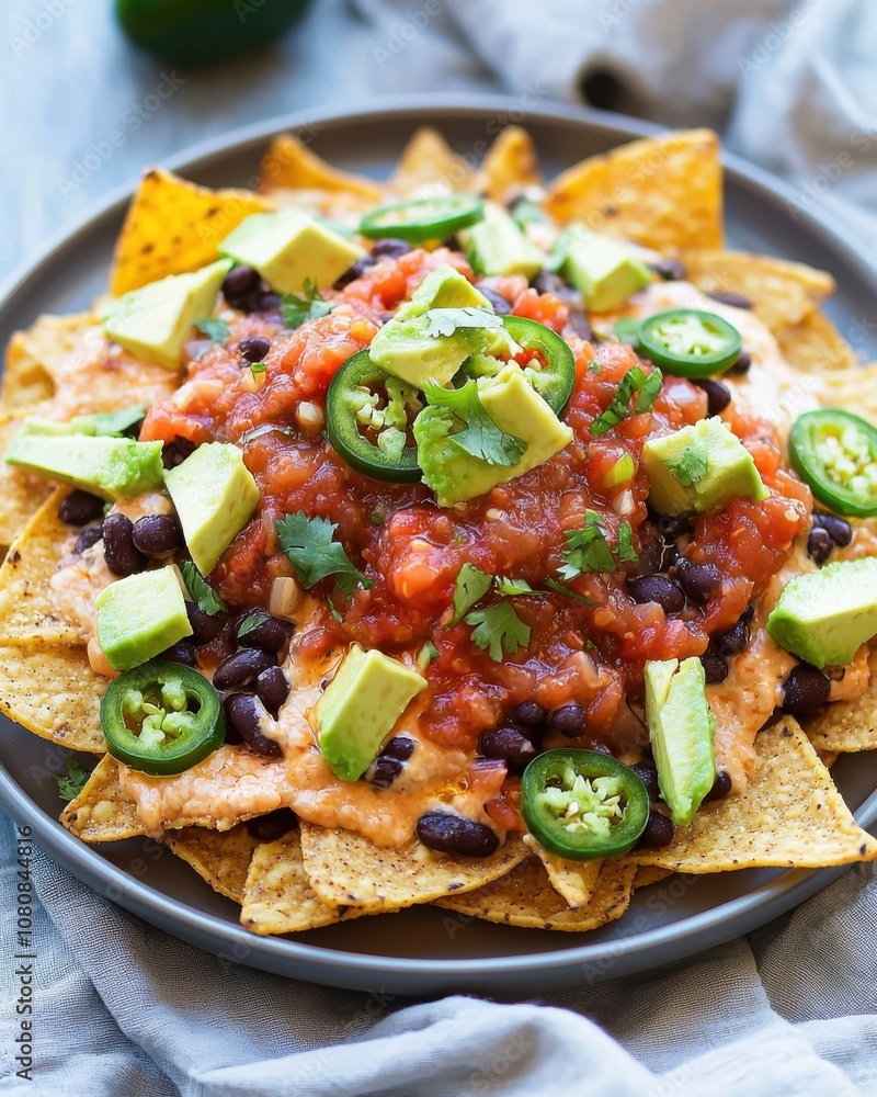 Deliciously layered nachos with fresh avocado spicy jalapenos and flavorful salsa for a perfect snack Deliciously layered nachos with fresh avocado spicy jalapenos and flavorful salsa for a perfect snack