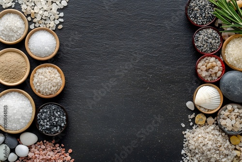 various multivitamin supplements, and powder bowls filled with rocks or sea shells
