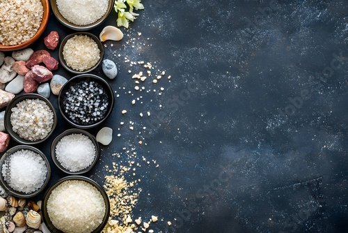 various multivitamin supplements, and powder bowls filled with rocks or sea shells