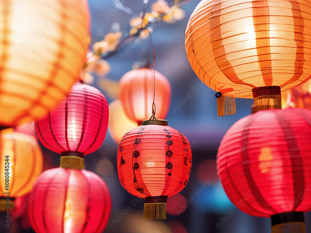 Fototapeta premium Generated digital illustration of chinese lanterns with chinese new year theme background.