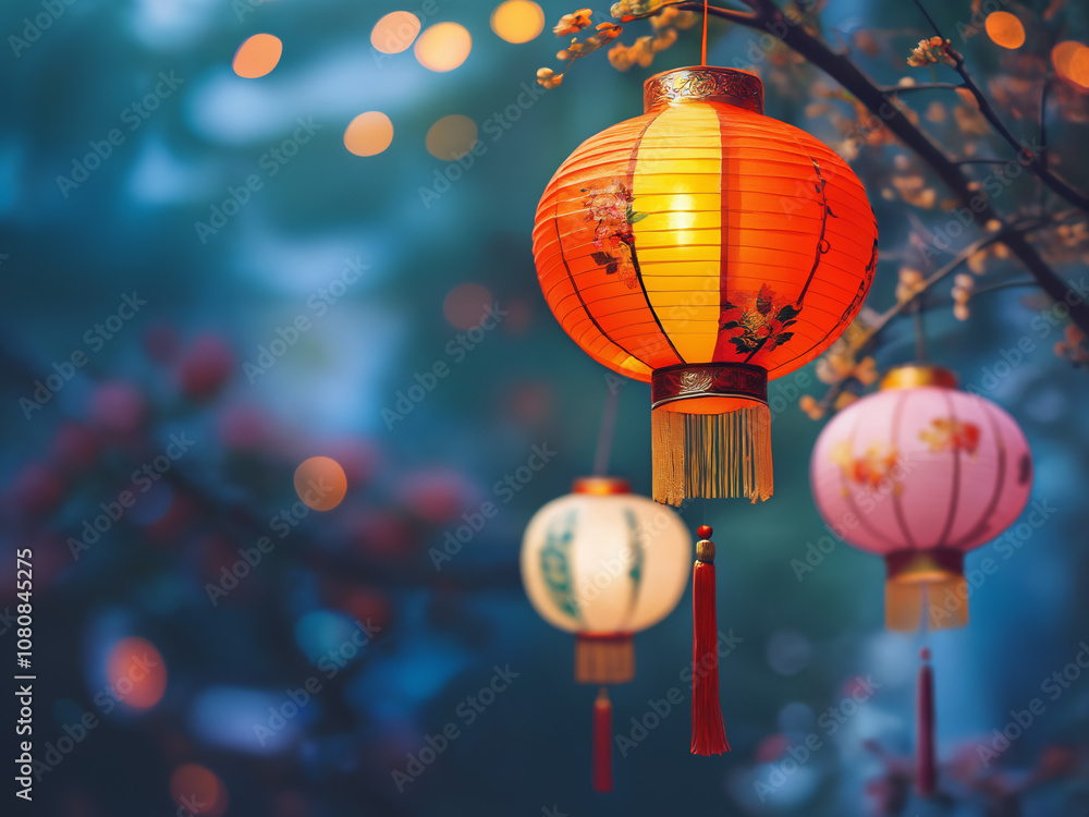 Generated digital illustration of chinese lanterns with chinese new year theme background. Generated digital illustration of chinese lanterns with chinese new year theme background.