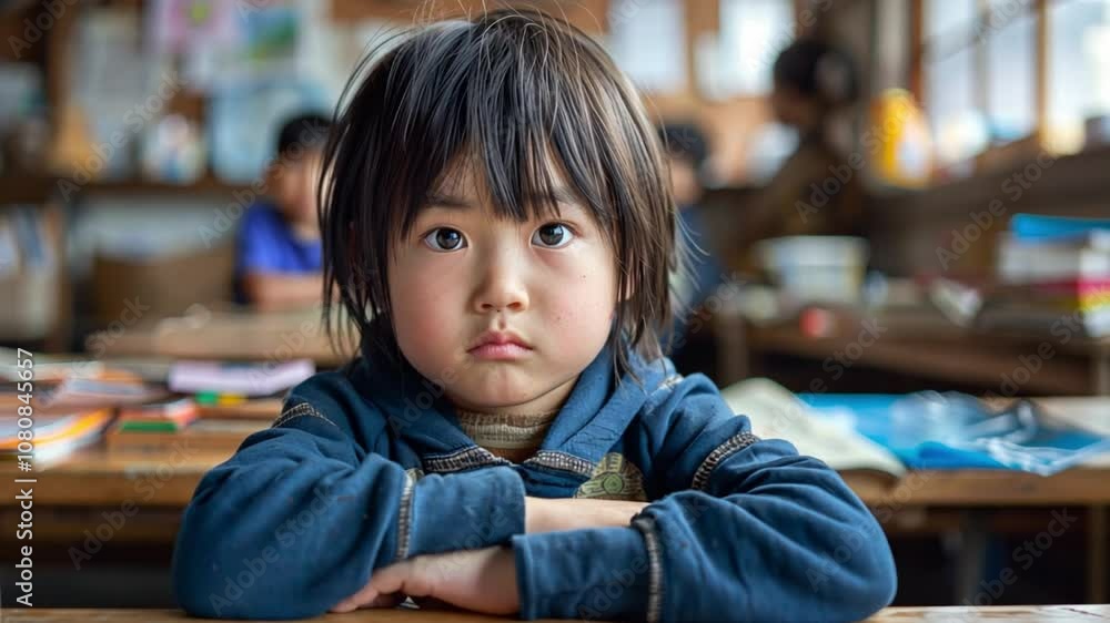 A young child gazes intently at the camera, resting arms crossed on a desk, surrounded by classmates involved in various activities, capturing a moment of concentration. A young child gazes intently at the camera, resting arms crossed on a desk, surrounded by classmates involved in various activities, capturing a moment of concentration.